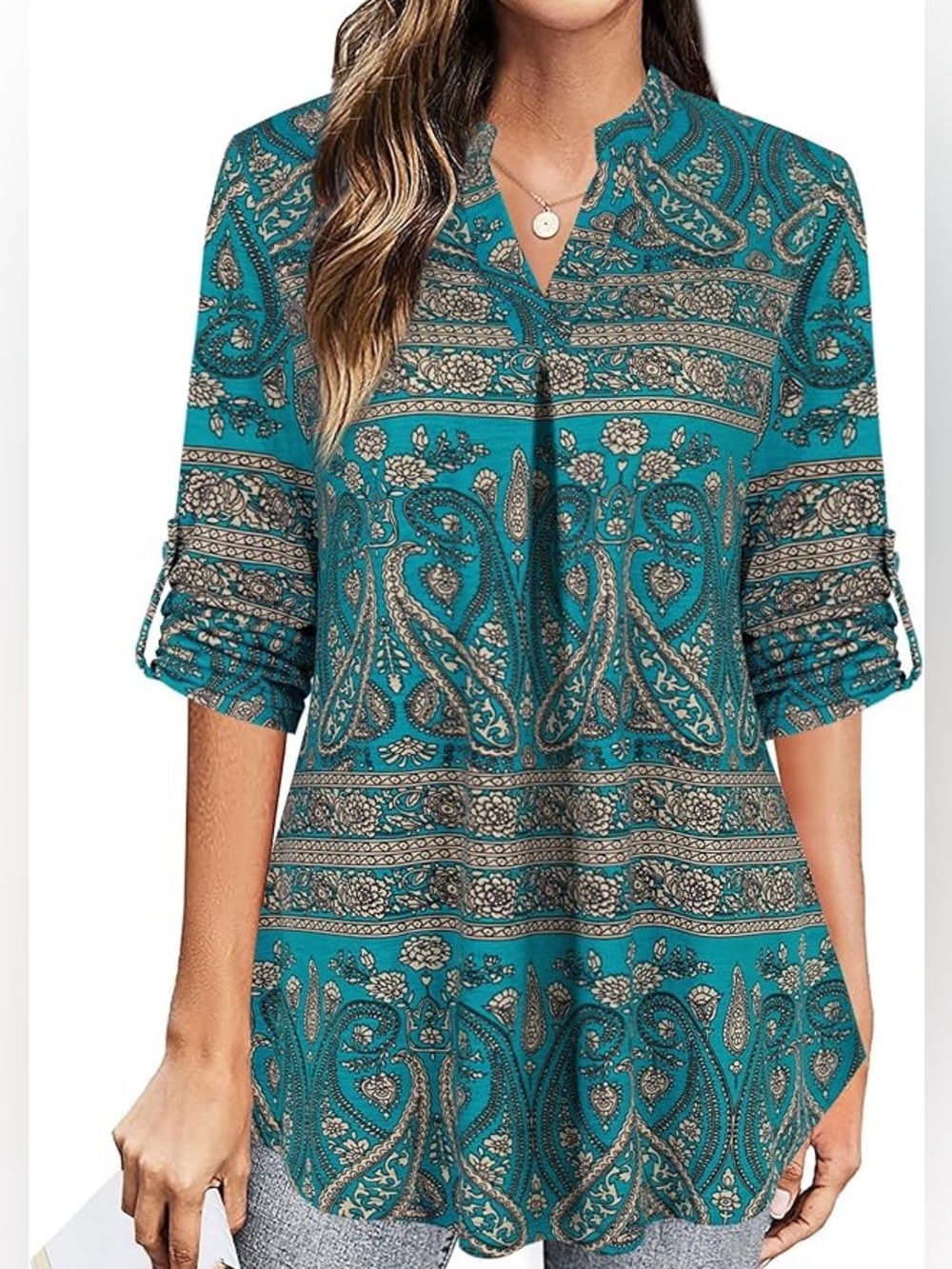 BEPEI Women's 3/4 turquoise roll-tab 3/4 Sleeve Paisley Tunic Blouse  Size L